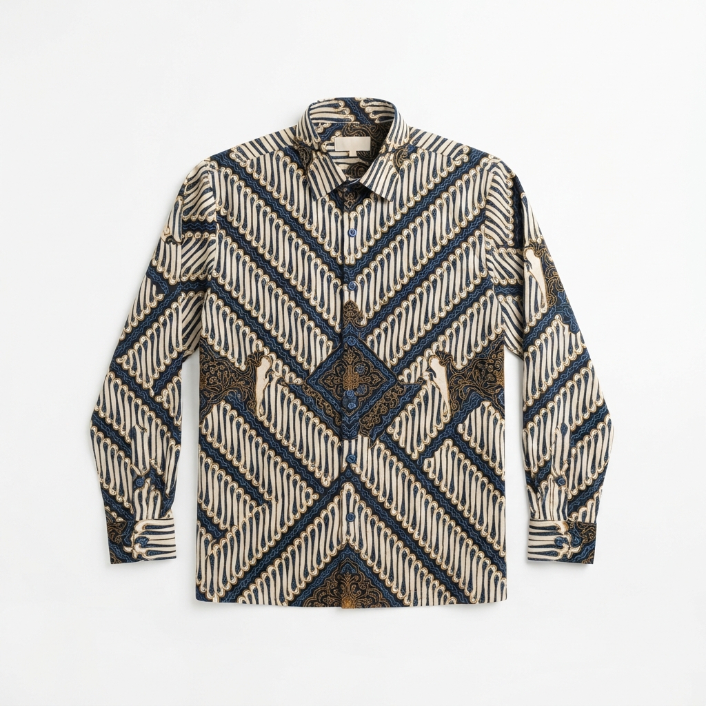 A classic batik shirt on a wooden hanger.