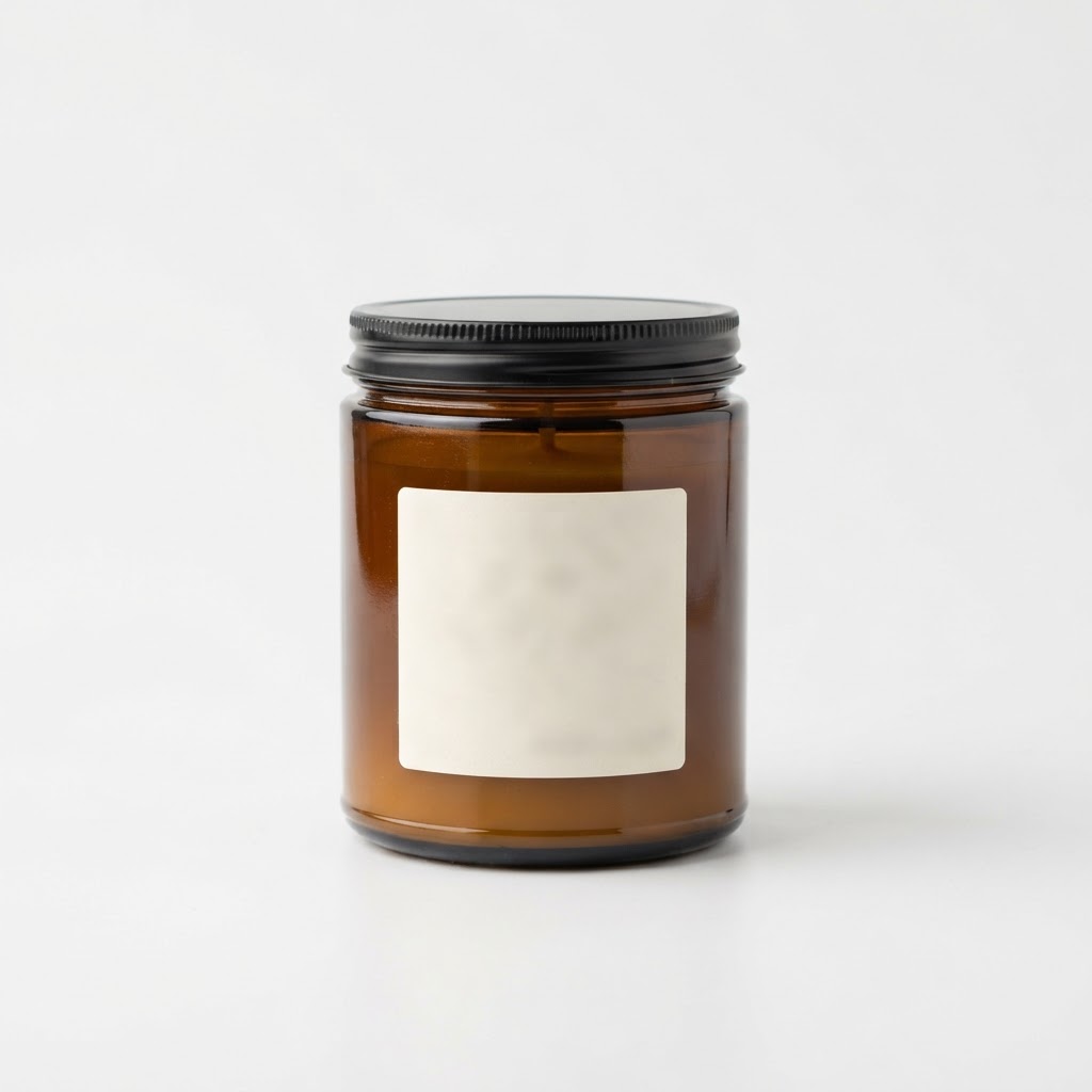 A soy candle in an amber jar.