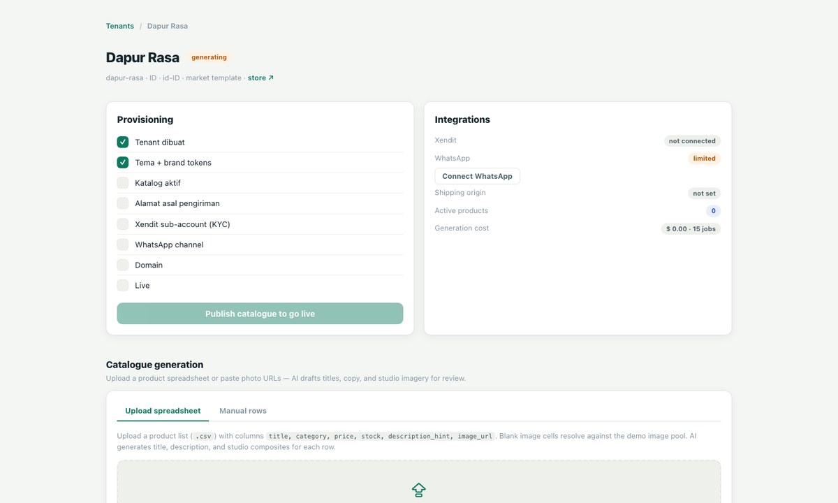 The Gerai build console: a provisioning checklist, an integrations panel showing gateway and WhatsApp status, a spreadsheet upload area, and a review queue of five generated product drafts awaiting approval.