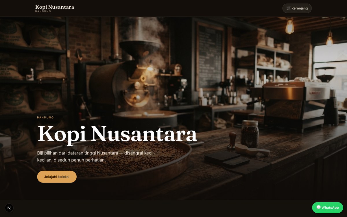 Kopi Nusantara: a dark editorial storefront with a full-bleed roastery photograph.
