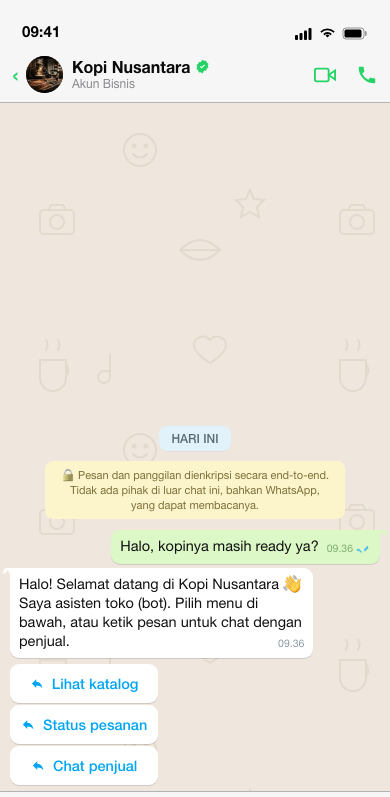 A WhatsApp conversation with the Kopi Nusantara business account, offering catalogue and order-status quick replies.